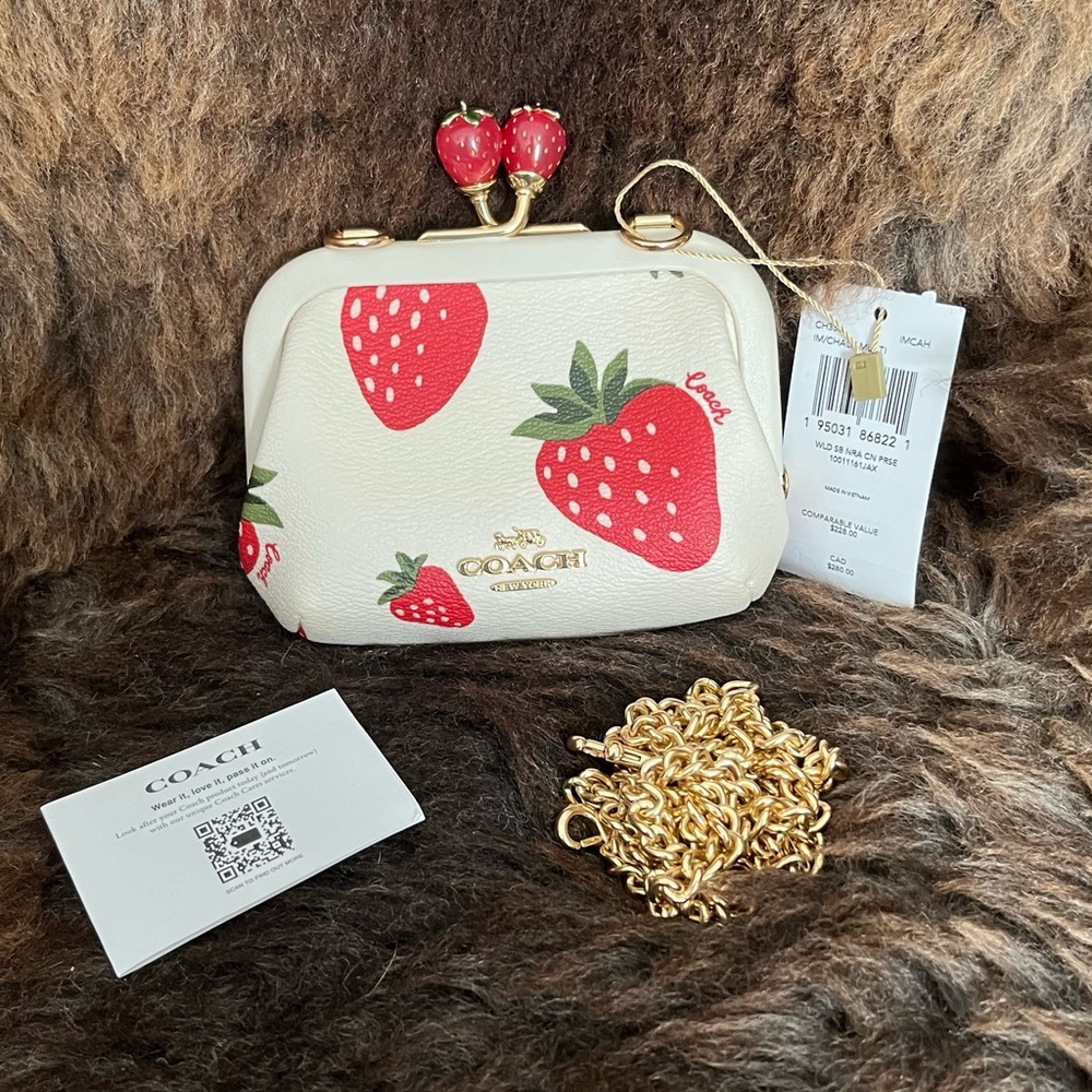 Coach Off White and Red Strawberry Print Women's Kiss Lock Crossbody Mini Bag